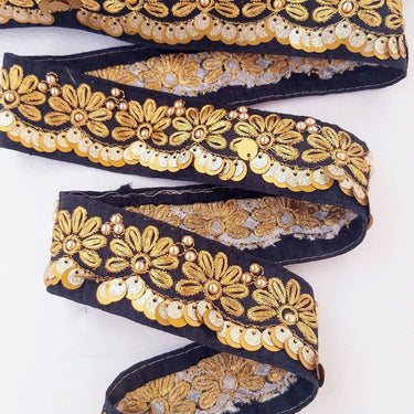 Indian Sari Trim, Black Art Silk Fabric With Gold Thread Embroidered Flowers Trim, Gold Sequins And Beads